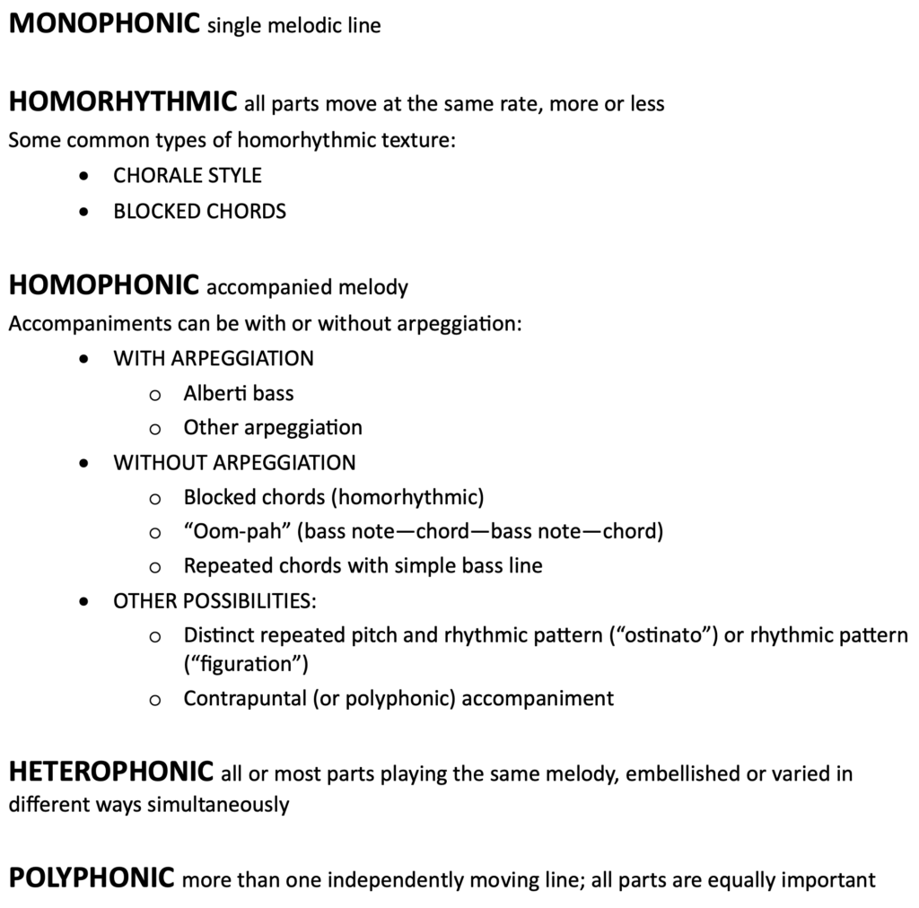 chart listing the five primary types of texture: monophonic, homorhythmic, homophonic, hetereophonic, and polyphonic, with descriptions of each
