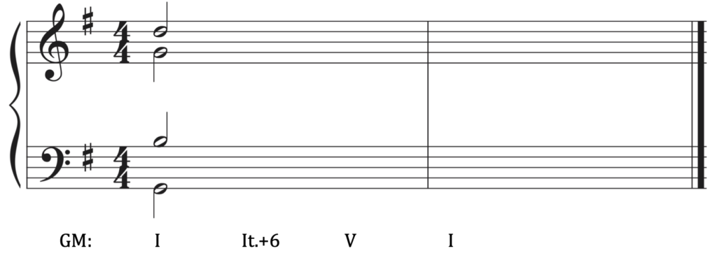 Grand staff, one sharp, 4/4. First chord G2, B3, G4, D5. Beneath staff in G major: one, Italian augmented sixth, five, one.
