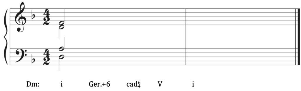 Grand staff, one flat, 4/2. First chord D3, A3, D4, F4. Beneath staff in D minor: one, German augmented sixth, cadential six-four, five, one.