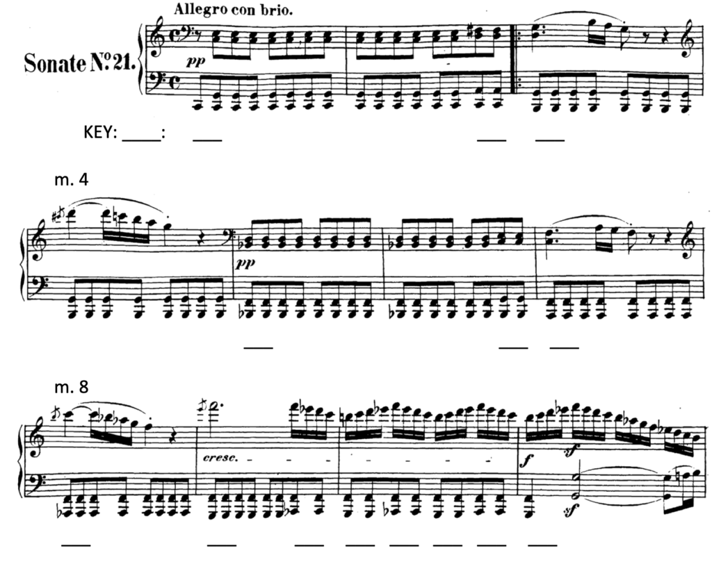 image of score with blanks for key and Roman numerals beneath staff