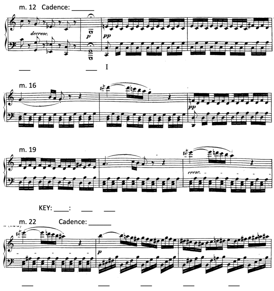 image of score with blanks for key and Roman numerals beneath staff. Blanks for cadence labels above staff in mm. 12–13 and 22–23.