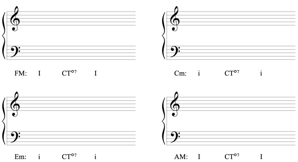image of four blank Grand Staffs, each with a key and a progression in Roman numerals that reads one, common-tone diminished seventh, one. The keys are: F major, C minor, E minor, and A major.
