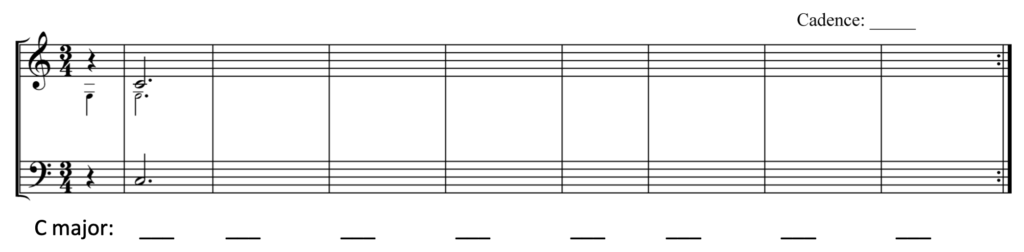 image of Grand staff, no key signature, 3/4. Quarter note pickup in inner voice as G3. Eight bars, with ending repeat sign. First complete measure has C4 in treble clef, G3 in smaller typeface, and in bass clef C3. Beneath staff C major, with eight blanks for Roman numerals. In upper right, blank for cadence label.