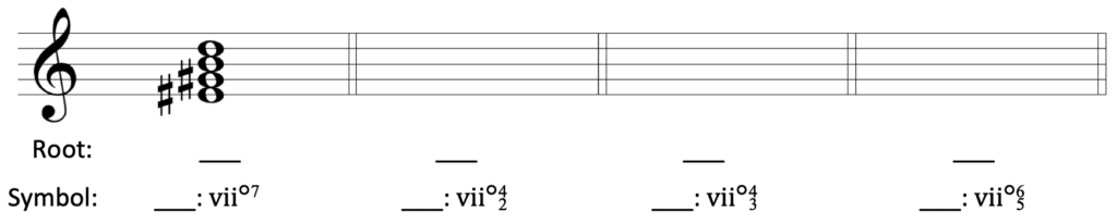 Staff in treble clef with first chord shown as E-sharp, G-sharp, B, D