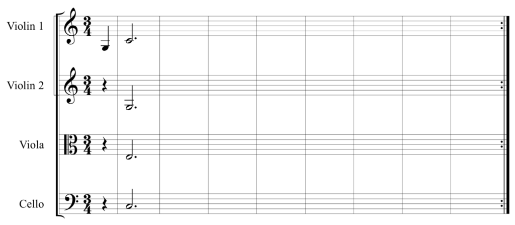 Set of four staves, eight full bars with quarter note pickup and ending repeat sign. First staff labeled Violin 1. Treble clef, 3/4. Quarter note pickup G3, bar line, C4 as dotted quarter note. Remaining seven measures are blank. Second staff labeled Violin 2. Treble clef, 3/4. Quarter rest, bar line, G3 as dotted quarter note. Remaining seven measures are blank. Third staff labeled Viola. Alto clef, 3/4. Quarter rest, bar line, E3 as dotted quarter note. Remaining seven measures are blank. Fourth staff labeled Cello. Bass clef, 3/4. Quarter rest, bar line, C3 as dotted quarter note. Remaining seven measures are blank.