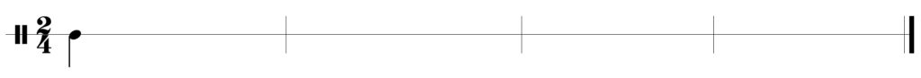 blank staff, 2/4, quarter note, four bars