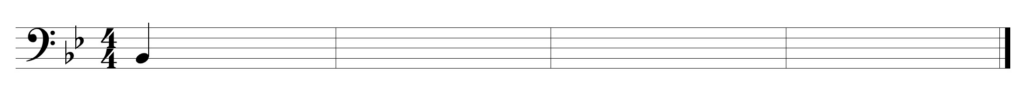 blank bass clef staff, 2 flats, 4/4, starting note B-flat quarter note, four bars