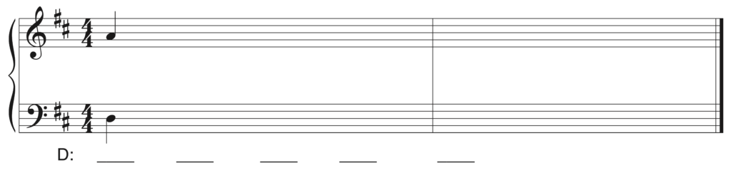 blank Grand staff, D major, 4/4, A4 and D3 as starting notes, five blanks beneath staff including first chord