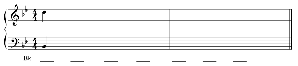 blank Grand staff, B-flat major, 4/4, D5 and B-flat 2 as starting notes, 7 blanks beneath staff including first chord