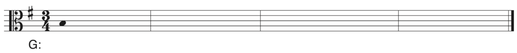 blank alto clef staff, one sharp, 3/4, starting note B3, four bars, key of G major