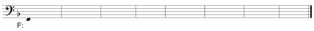 blank bass clef staff, one flat, starting note F2, 8 bars, key of F major