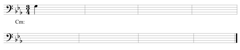 blank bass clef staff, 3 flats, 3/4, starting note G quarter note, 8 bars, key of C minor