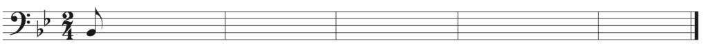blank bass clef staff, two flats, 424, starting note B-flat eighth note, five bars