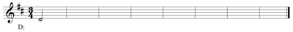 blank treble clef staff, 2 sharps, 3/4, starting note D half note, 8 bars, key of D major