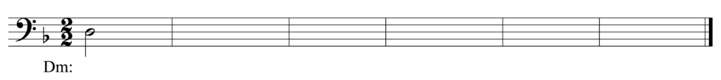 blank bass clef staff, one flat, 2/2, starting note D half note, 6 bars, key of D minor