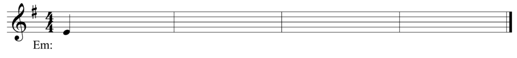 blank treble clef staff, one sharp, 4/4, starting note E quarter note, four bars, key of E minor