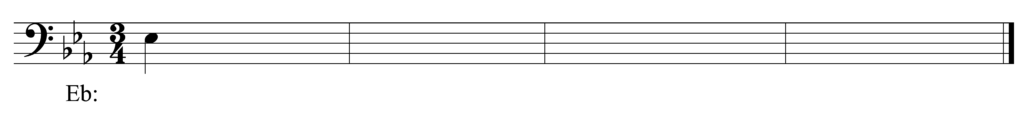 blank bass clef staff, 3 flats, 3/4, starting note E-flat quarter note, four bars, key of E-flat major