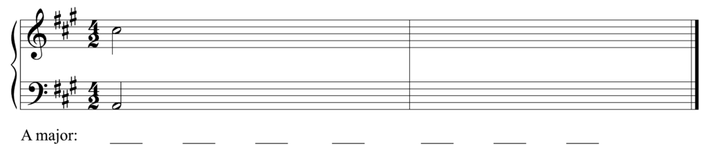blank Grand staff, A major, 4/2, starting notes are A2 and C-sharp 5, with 7 blanks beneath staff including first chord