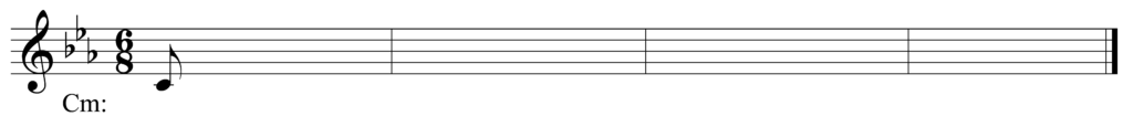 blank treble clef staff, 3 flats, 6/8, starting note C eighth note, four bars, key of C minor