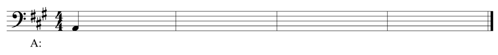 blank bass clef staff, 3 sharps, 4/4, starting note A2 quarter note, four bars, key of A major