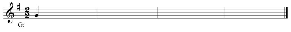 blank treble clef staff, one sharp, 2/2, starting note G quarter note, four bars, key of G major