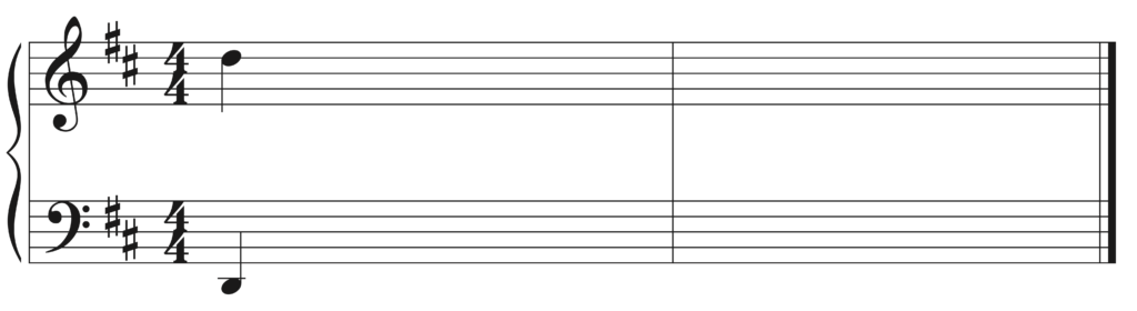 blank Grand staff, 2 sharps, 4/4, starting notes are D2 and D5. Two bars.