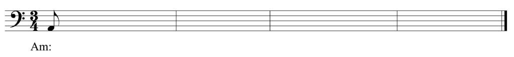 blank bass clef staff, 3/4, starting note A2 eighth note, four bars, key of A minor