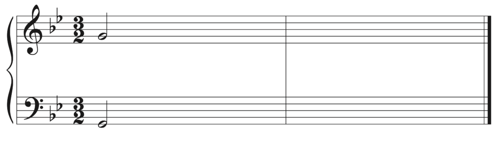 blank Grand staff, 2 flats, 3/2, starting notes are G2 and G4, 2 bars