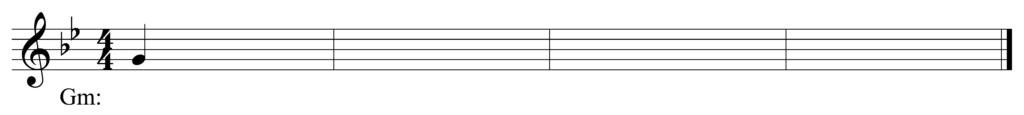 blank treble clef staff, 2 flats, 4/4, starting note G quarter note, four bars, key of G minor