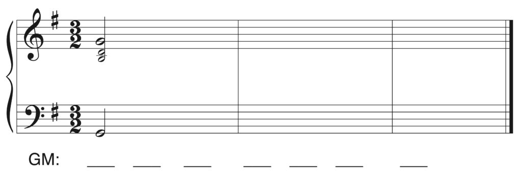 blank Grand staff, G major, 3/2, starting notes are G2, B3, D4, G4, with 7 blanks beneath staff including first chord