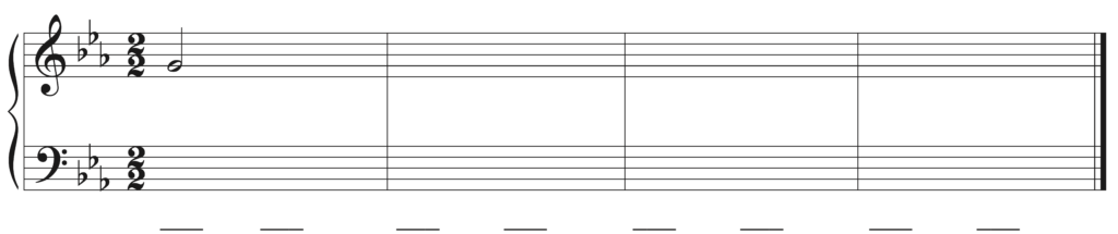 blank Grand staff, 3 flats, 2/2, soprano starting noteis G4, with 8 blanks beneath staff including first chord