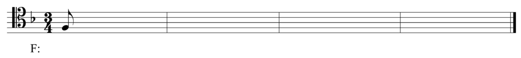 blank tenor clef staff, one flat, 3/4, starting note F eighth note, four bars, key of F major