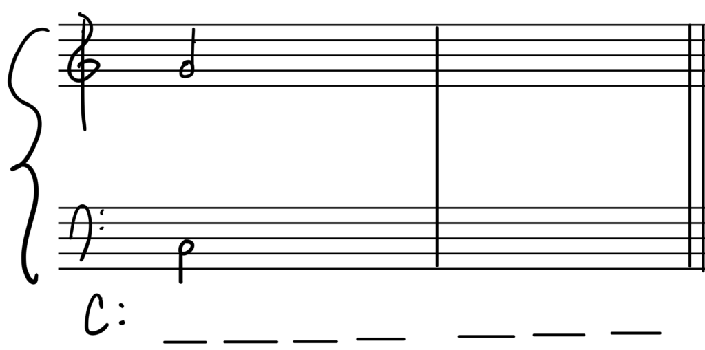 blank Grand staff, C major, starting notes are C3 and G4, with 7 blanks beneath staff including first chord
