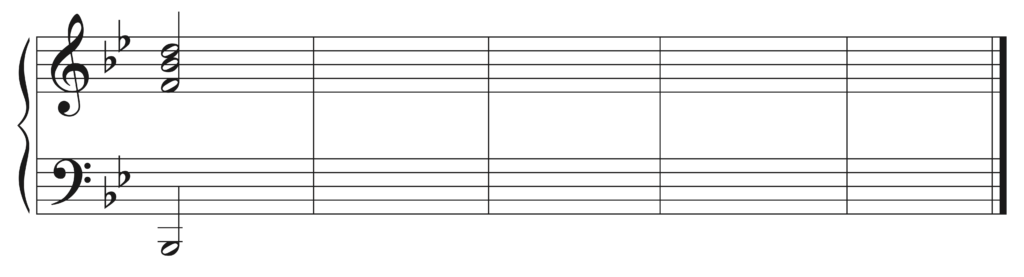 blank Grand staff, 2 flats, starting notes are B-flat 1, F4, B-flat 4, D5, with five bars