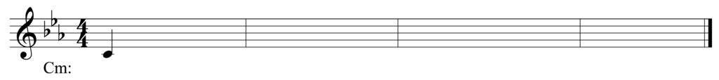 blank treble clef staff, 3 flats, 4/4, starting note C quarter note, four bars, key of C minor