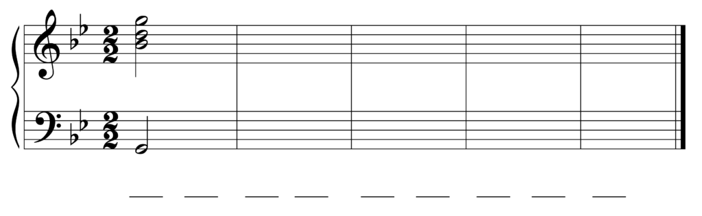 blank Grand staff, 2 flats, 2/2, starting notes are G2, B-flat 4, D5, G5, with 9 blanks beneath staff including first chord