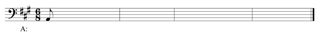 blank bass clef staff, three sharps, 6/8, starting note A eighth note, four bars, key of A major