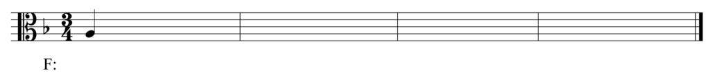 blank alto clef staff, one flat, 3/4, starting note F quarter note, four bars, key of F major