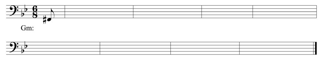 blank bass clef staff, two flats, 6/8, starting note F-sharp eighth note as pickup, 8 bars, key of G minor