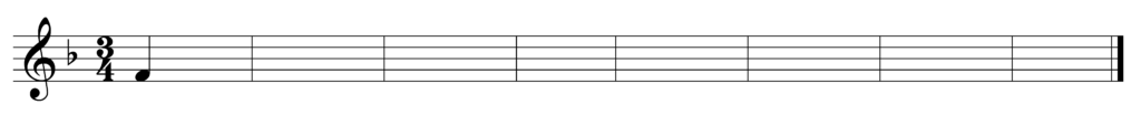 blank treble clef staff, one flat, 3/4, starting note F quarter note, 8 bars