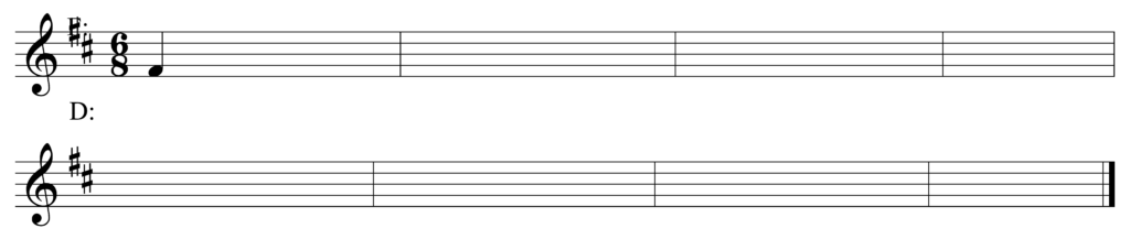 blank treble clef staff, two sharps, 6/8, starting note F-sharp quarter note, 8 bars, key of D major