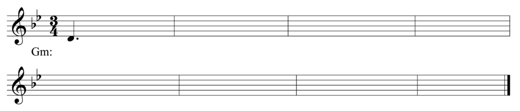 blank treble clef staff, two flats, 3/4, starting note D dotted quarter note, eight bars, key of G minor