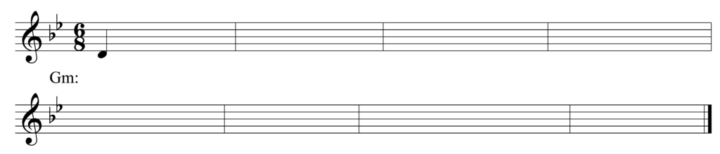 blank treble clef staff, two flats, 6/8, starting note D quarter note, 8 bars, in the key of G minor