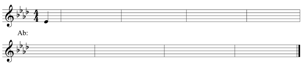 blank treble clef staff, 4 flats, 4/4, starting note E-flat quarter note pickup, 8 bars, in the key of A-flat major
