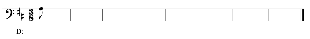blank bass clef staff, two sharps, 3/8, starting note A3 eighth note, 8 bars, in the key of D major