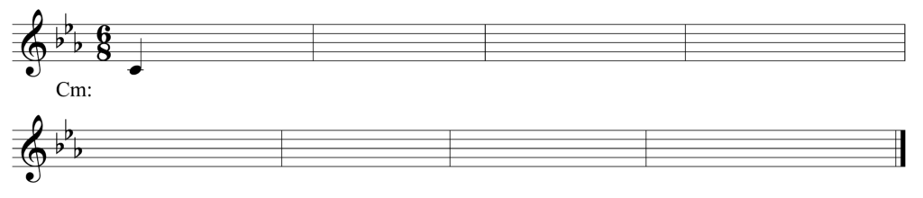 blank treble clef staff, 3 flats, 6/8, starting note C quarter note, 8 bars, in the key of c minor