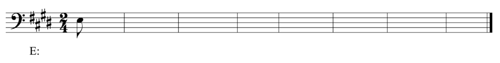 blank bass clef staff, 4 sharps, 2/4, starting note E eighth note, 8 bars, in the key of E major