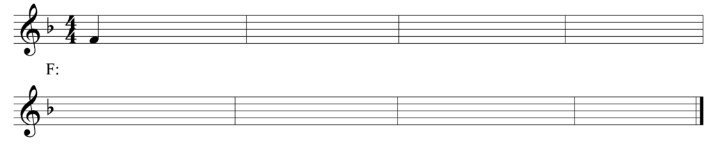 blank treble clef staff, one flat, 4/4, starting note F quarter note, 8 bars, in the key of F major