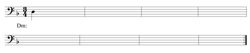 blank bass clef staff, 1 flat, 3/4, starting note D quarter note, 8 bars, in the key of D minor