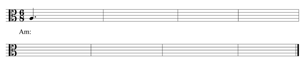 blank alto clef staff, 6/8, starting note A3 dotted quarter note, 8 bars, in the key of A minor